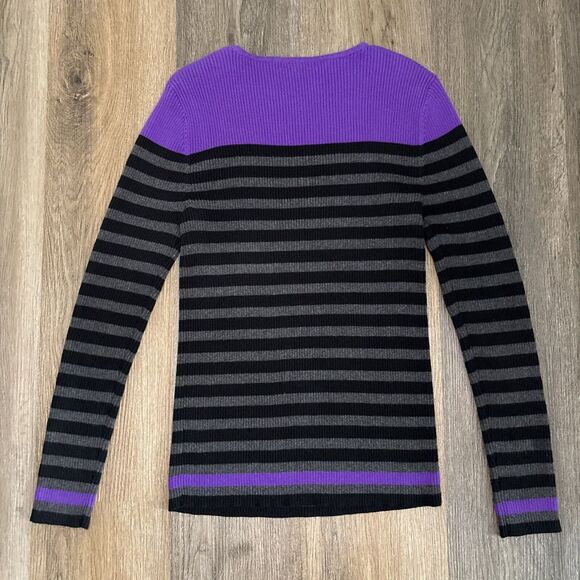 LRL Ralph Lauren‎ Sweater Womens Medium Purple Striped Ribbed Button Shoulder - Picture 2 of 9